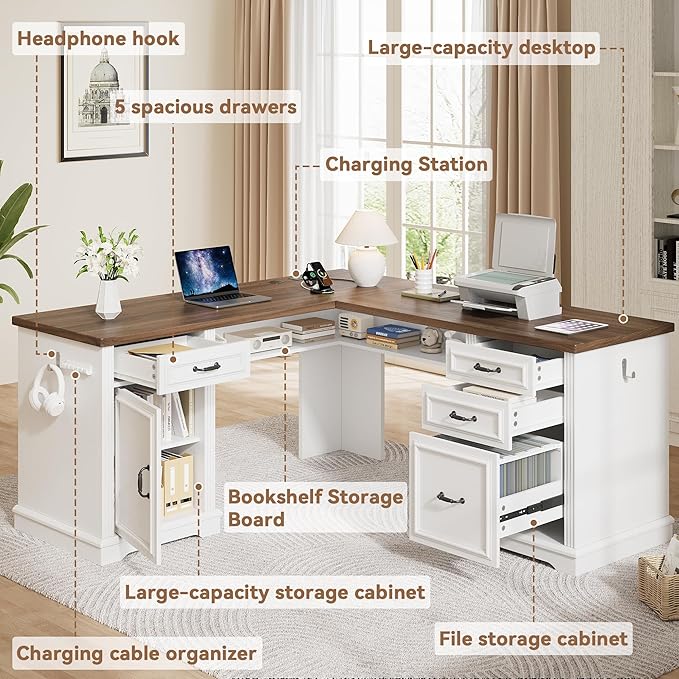 Farmhouse L Shaped Executive Desk with 4 Drawers, Home Office Desk with Hidden Under-Desk Storage Shelf and Charging Station, File Cabinet Storage, Wood Corner Computer Desk for Work(White+Brown)