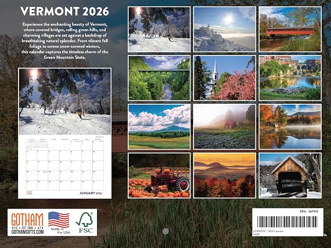 Vermont Calendar 2026 Wall 12 Month Monthly VT Scenic Souvenirs Themed Gifts | American Made In The USA