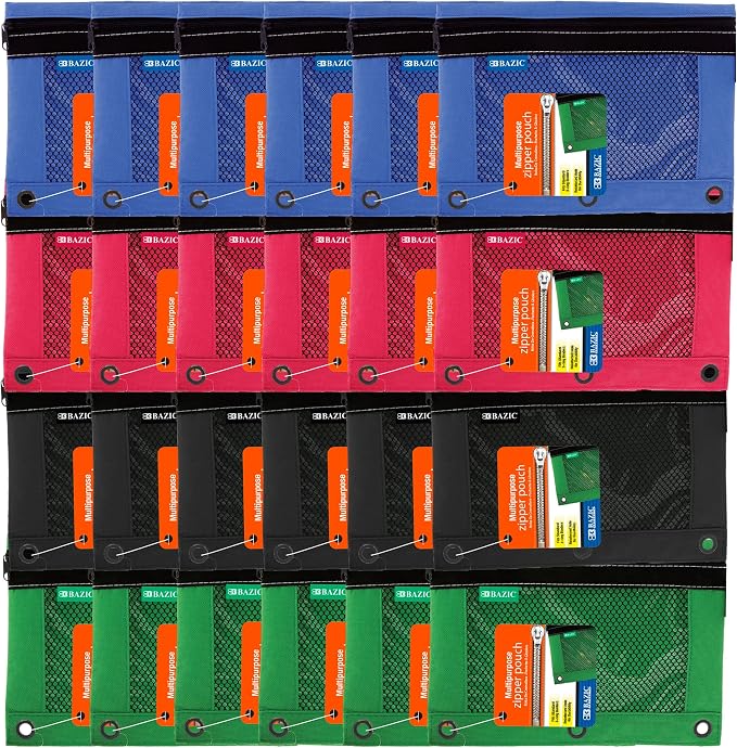 BAZIC Products 3-Ring Pencil Pouch with Clear Mesh Window, 24-Box | clear mesh window and a zipper closure for pens, pencils, supplies