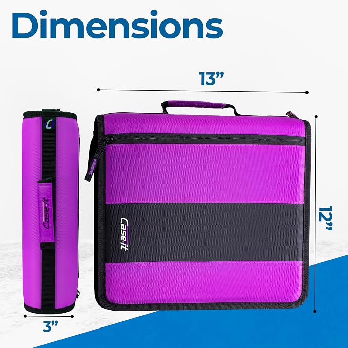 Case-it School Zipper Binder | 2" O-Rings | 350-Sheet | D-251 Deep Purple | Classic, Multiple Storage Pockets, Shoulder Strap, School & Office Organizer, 6-Pack
