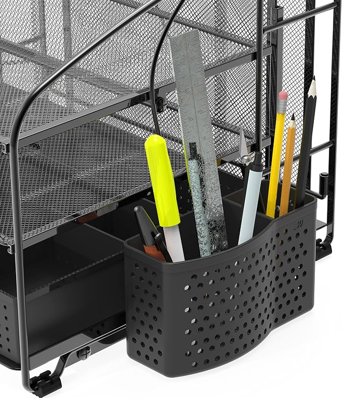 Simple Houseware 3-Tier Desk Organizer with Sliding Drawer, Black | Hanging File Holder and Pen Holder Accessory