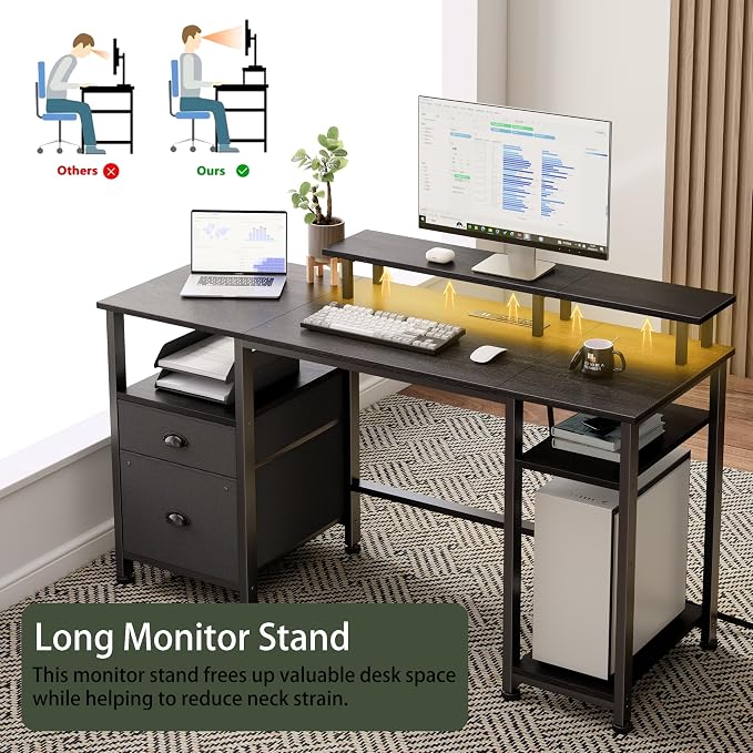 Furologee 51" Gaming Desk with Power Outlets & LED Lights, Reversible Computer Desk with File Cabinet & Monitor Stand for Home Office, Large Work Table with Storage Shelves & Drawer, Black