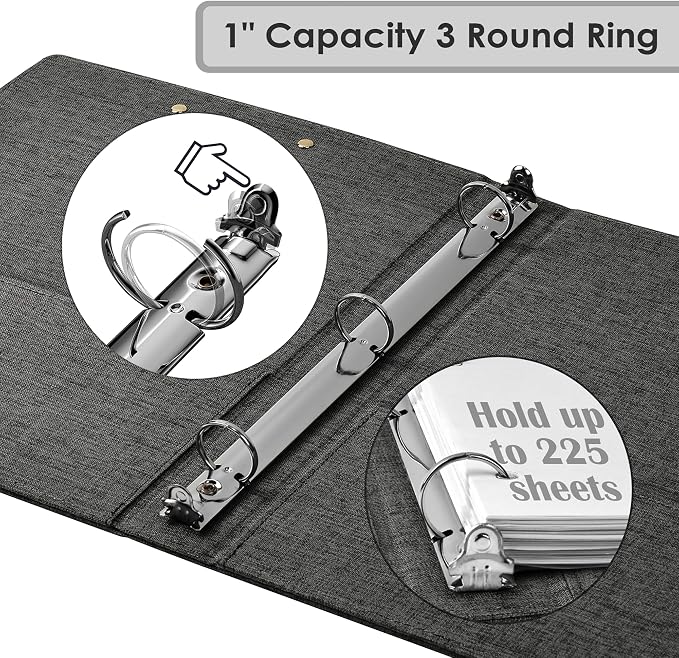 EYROZILL 3 Ring Binder, 1 Inch Linen Binder Organizer for Letter Size (8.5" x 11") with 5 Tab Dividers, File Folder Labels and Low Profile Clipboards, School and Office Supplies- Dark Grey
