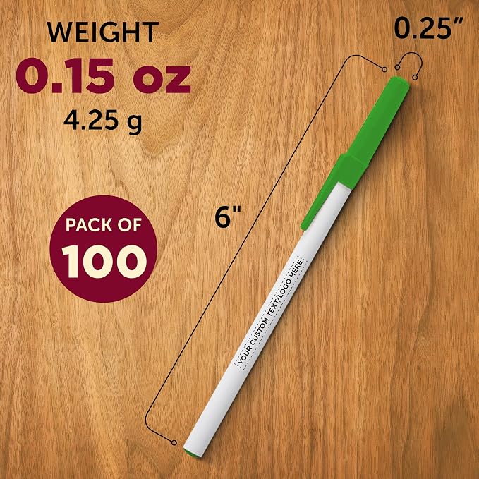 DISCOUNT PROMOS Custom Value Stick Pens Set of 100, Personalized Bulk Pack - Black Ink, Great for Office, School, Business, Tradeshows, Events - Green