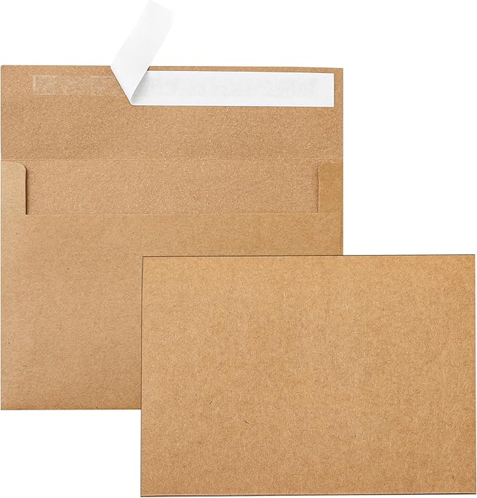 Silunkia 100 Packs Brown Single Panel Blank Greeting Cards and Envelopes 4.25 x 5.5 Heavyweight Flat Cardstock and A2 Envelopes Printable Self Seal for Graduations, Wedding, Thank You Cards
