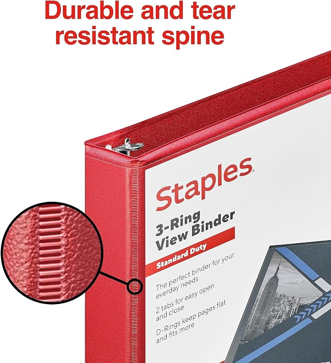 Staples 1" 3-Ring View Binders, D-Ring, Red, 4/Pack