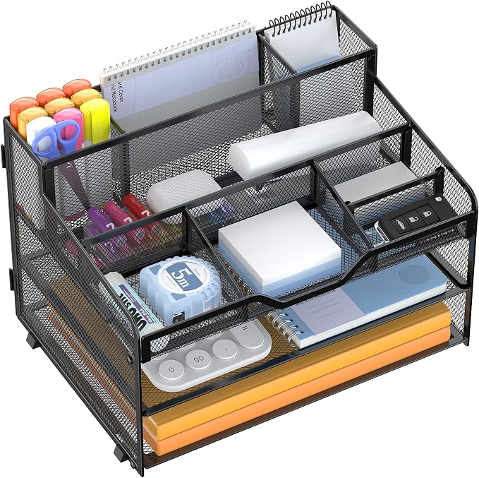 Docnest 3 Tier Mesh Desk Organizer with Letter Tray & Paper Sorter, Black | Features 3 built-in pen holders & 5 adjustable compartments on top. Includes 4 non-slip rubber feet for desk protection