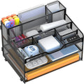 Docnest 3 Tier Mesh Desk Organizer with Letter Tray & Paper Sorter, Black | Features 3 built-in pen holders & 5 adjustable compartments on top. Includes 4 non-slip rubber feet for desk protection