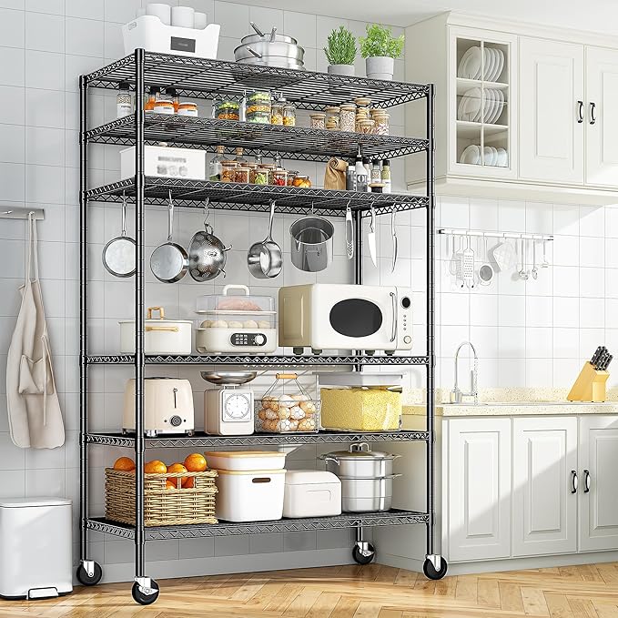 Romorgniz 82" H X45 W X18 D Storage Shelves with Wheels, 6 Tier Wire Shelving Adjustable Metal Shelving Pantry Shelves Capacity 1200LBS for Garage Shelving, Pantry, Kitchen, Closet, Commercial, Black