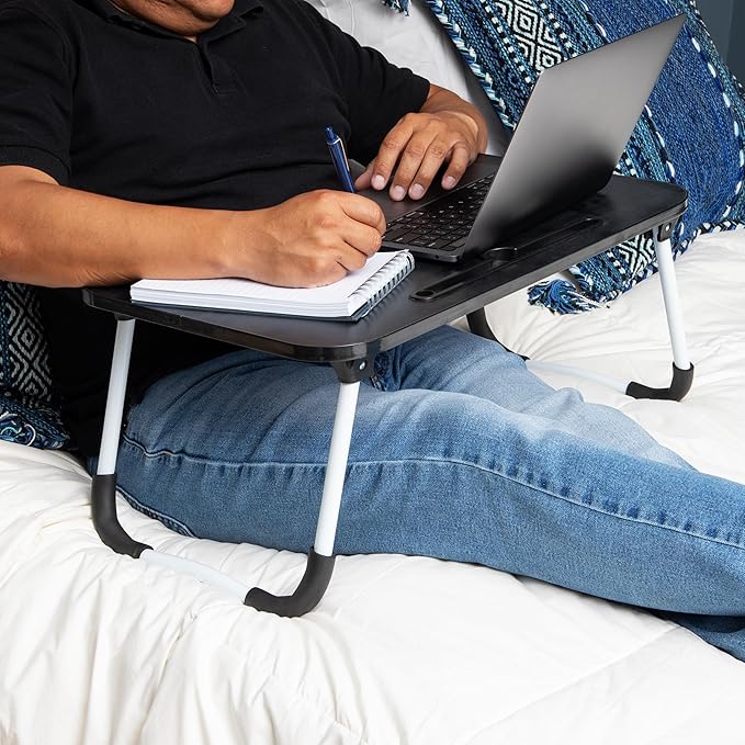 Mind Reader Lap Desk Laptop Stand with Folding Legs, Portable Bed Tray Table for Laptop, Breakfast, Reading, Crafts, MDF, Black