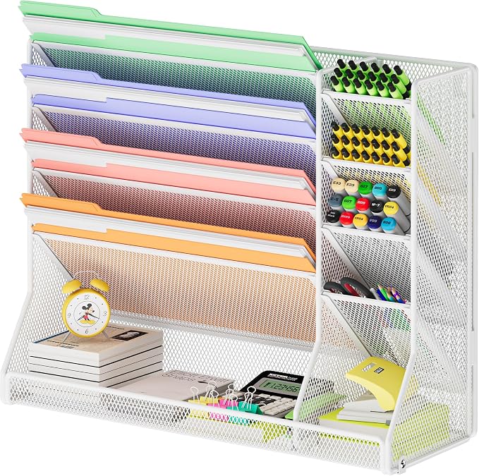 Jakyitvi Adjustable 5 Tiers Wall File Organizer Metal Hanging Holder White | 5 tiers desk paper organizer, folder holder wall mount, mail organizer for home office, hanging document tray