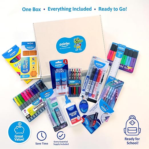 Pointer School Supplies Bundle Kit – A Back to Learning Set Student Value Pack Essentials for Classroom, Writing, Drawing, Crafting, Study Materials Kids, Teens, Home Use Academic Essentials – 62 Pcs