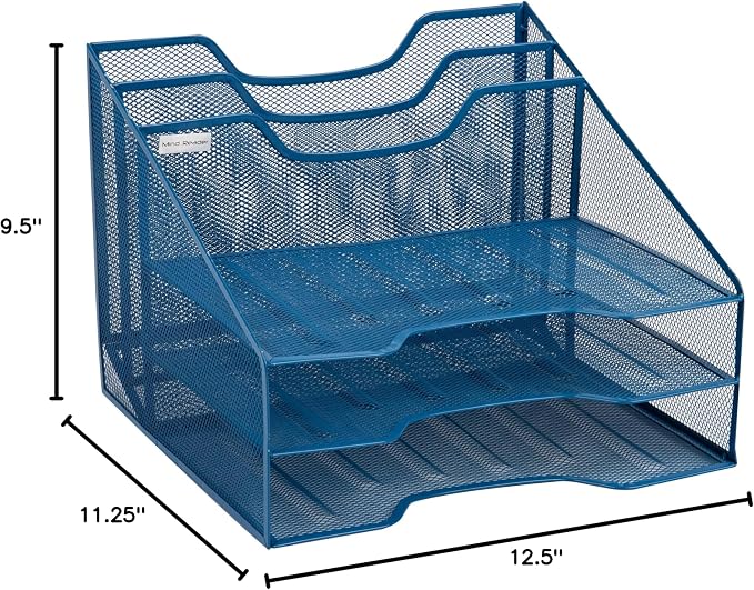 Mind Reader Metal Mesh Desktop File Organizer, 3-Tier Paper Tray with 5 Compartments, Office Mail Sorter, Turquoise
