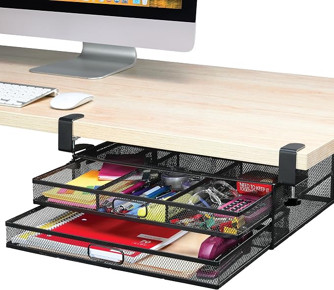 Homeify Under Desk Drawer Organizer Clamp-On, Mesh Metal Drawer Attachment, 2 Drawer Slide Out, On Or Under Desk Organizer For Office Supplies & Home Essentials (2 Drawers)
