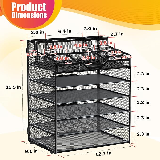 Docnest 6 Tier Mesh Desk Organizer with Letter Tray & Paper Sorter, Black | Features 3 built-in pen holders & 5 adjustable compartments on top. Includes 4 non-slip rubber feet for desk protection