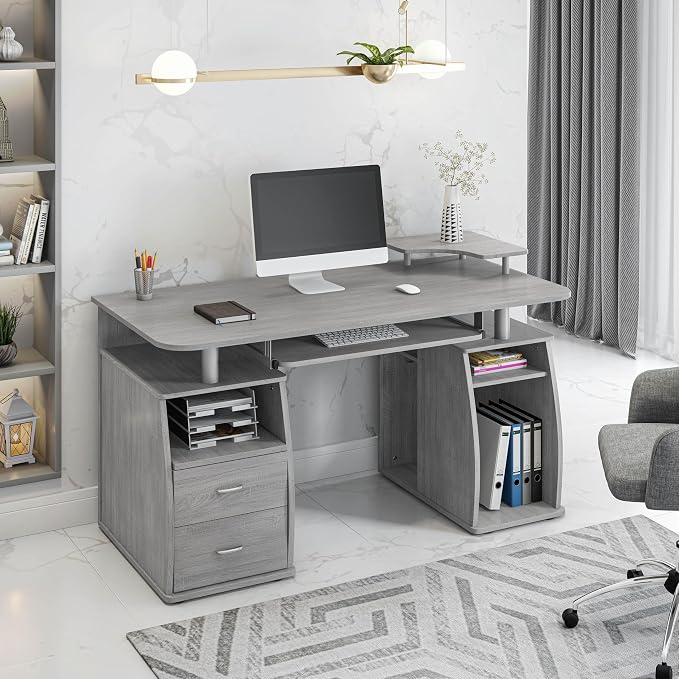 Techni Mobili 47" Computer Desk w/Drawers, Storage & Printer Shelf, Grey | 47" desk with drawers, printer shelf, pull‑out keyboard tray, open storage, sturdy frame, spacious workstation home office