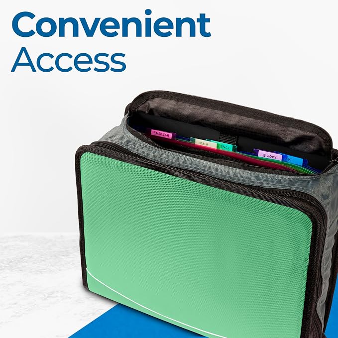 Case-it Mighty Zip Tab School Zipper Binder | 3-Inch O-Rings, 600-Sheet Capacity, 5-Subject Expanding File Folder, Multiple Pockets & Storage Organizer, Shoulder Strap | D-146 Canopy Green (Pack of 6)