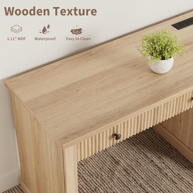 54" Fluted Home Office Desk, Oak Modern Executive Desk for Home Office | 1 File Drawer, 3 Drawers, Charging Station, Retro Metal Knob, Ball-Bearing Sliderails, Wooden Computer Desk, Writing Desk