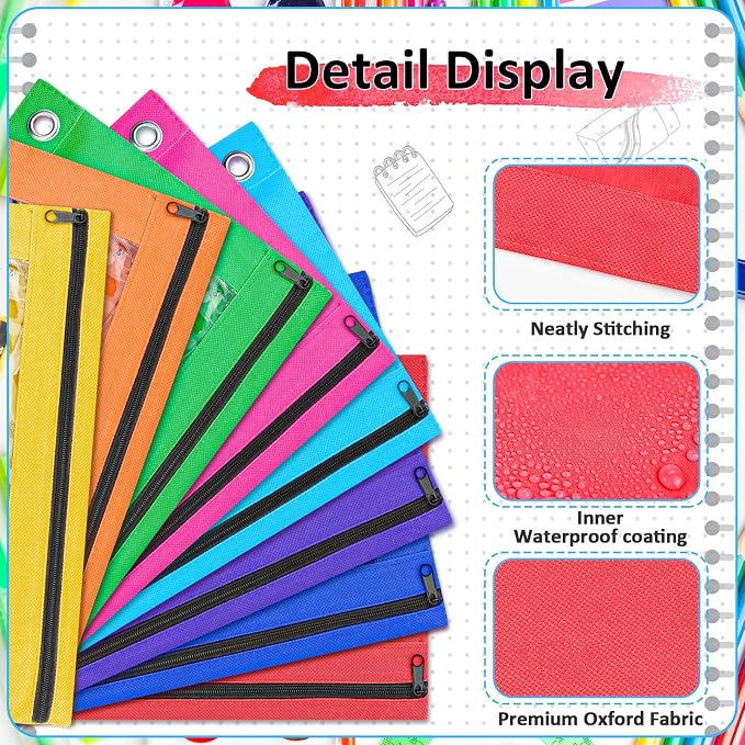 EAONE Pencil Pouch for 3 Ring Binder Set of 24, Zipper Binder Pouches Pencil Case Bulk for School Classroom Supplies/Student/Office/Home, 10 x 7.5 inch, 8 Colors