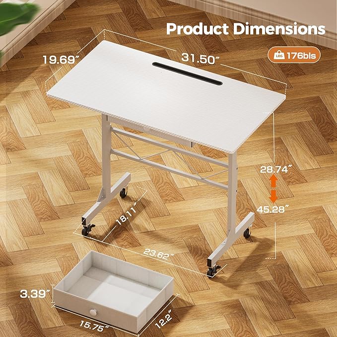 COMHOMA Portable Standing Desk Adjustable Height 30.7"-46.4", Standing Desk with Drawers, Mobile Rolling Computer Desk for Home Office Work and Walking Pad Treadmill, Carbon Fiber White