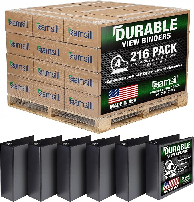 Samsill Durable 4 inch 3 Ring Binder, D Ring Binder, 100% Recycled Chipboard, Black, Pallet of 216 Binders in 36 Cartons