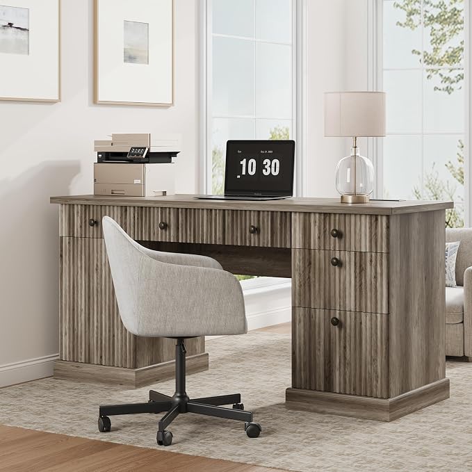 Garvee 60" Office Desk with Storage & Drawers for Home Office, Grey | Fluted Wood Executive Desk with File Drawer & Charging Station, Modern Computer Desk with Adjustable Shelves