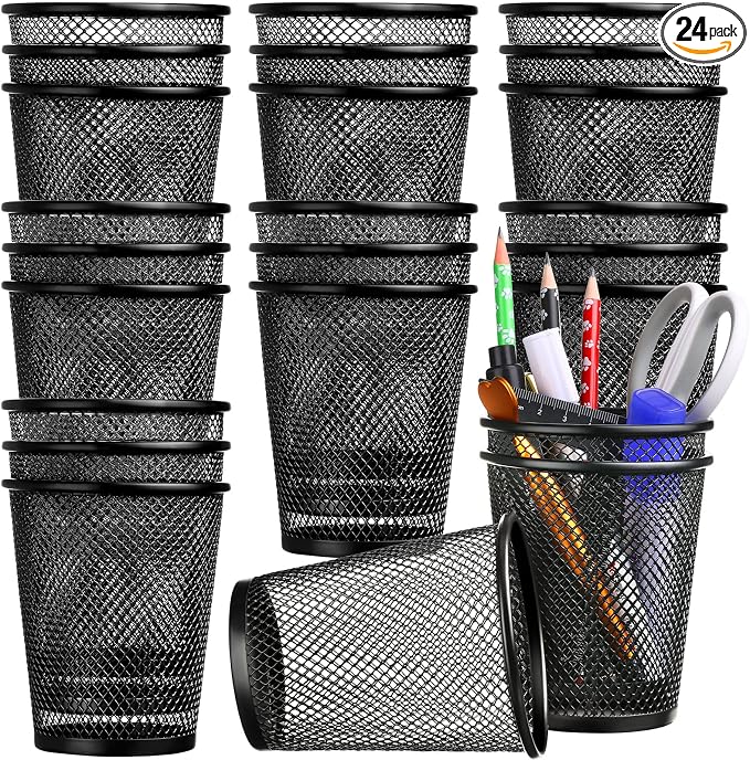 Leelosp 24 Pcs Pen Holder Mesh Pen Cup Bulk Metal Pencil Cup Holder for Desk Black Organizer Round Office Classroom for Back to School Students Kids Adult