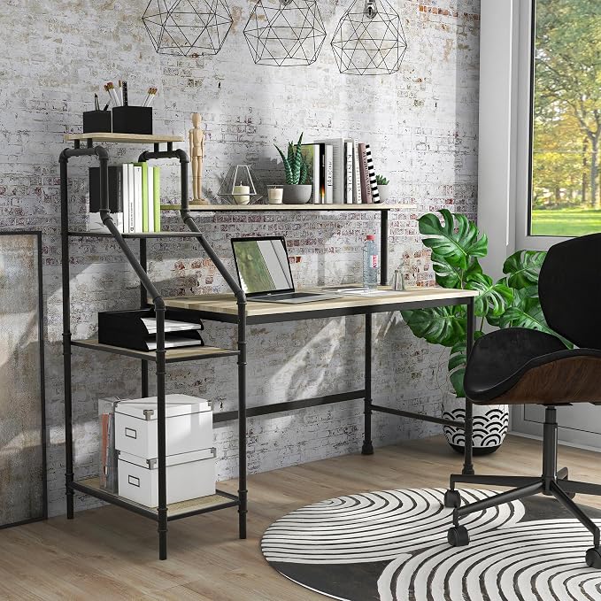 Antwonette Industrial Metal Office Desk with Reversible 3-Shelf Bookcase, LED Light, USB Port for Workstation, Home Office, Study Room, Light Oak Brown and Black