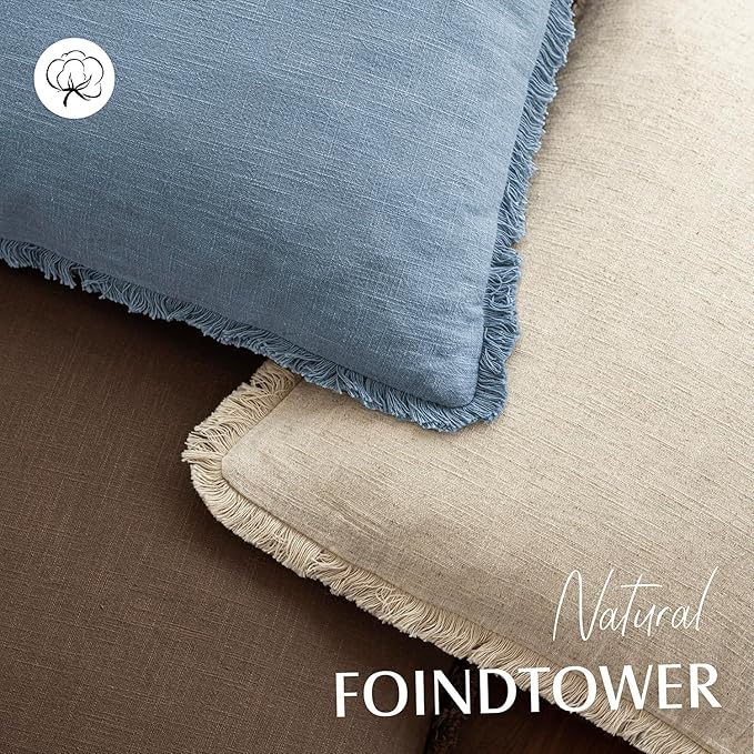 Foindtower Set of 2 Decorative Linen Fringe Throw Pillow Covers Cozy Boho Farmhouse Cushion Cover with Tassels Soft Accent Pillowcase for Couch Sofa Bed Living Room Home Decor, 26×26 Inch, Misty Blue