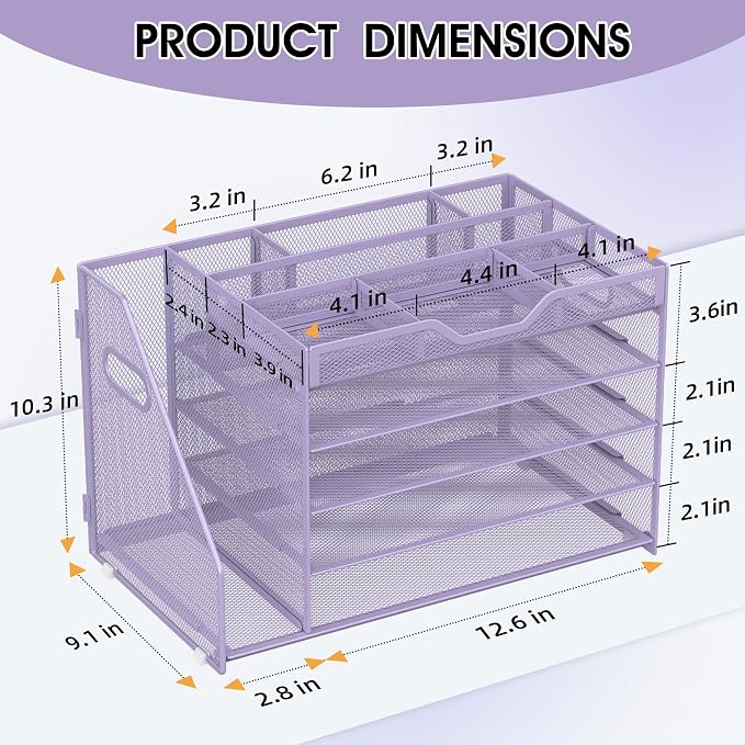 5 Tier Paper Letter Tray Desk Organizer with Pen Holders - Purple | Features 3 pen holders and 4 removable dividers.Versatile mesh desktop storage for mail, document,office supplie