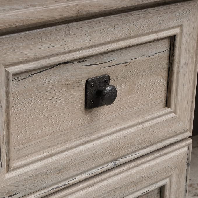 Sauder Palladia L Shaped Desk with Drawers, Office Desk with File Cabinet Storage, Cable Management, Keyboard Tray, in Split Oak finish