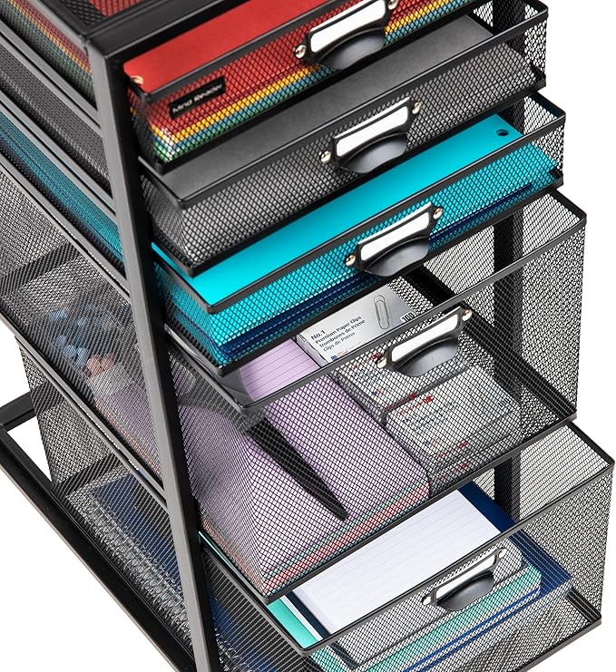 Mind Reader Vertical Office Storage Organizer with Mesh Drawers Label Holders and Optional Wheels, Metal Mesh, Black
