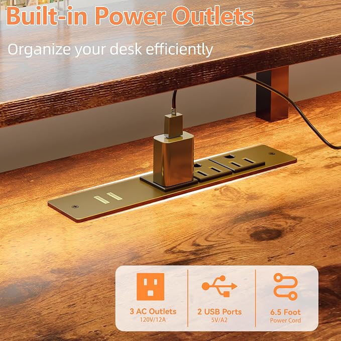 Furologee 51" Computer Desk with Outlets & LED, Desk with Drawers, Brown | Reversible Computer Desk for Office, AC Outlets & USB, Drawer & File Cabinet, Ergonomic Monitor Stand, Adjustable Shelf