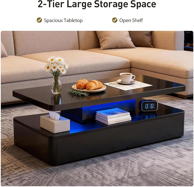 40" Modern LED Coffee Table, 2 Tier Rectangular Center Table with 16 Colors Lights & Large Storage Space, High Glossy Wooden Tea Table for Living Room, Bedroom, Home Office, Dark Black