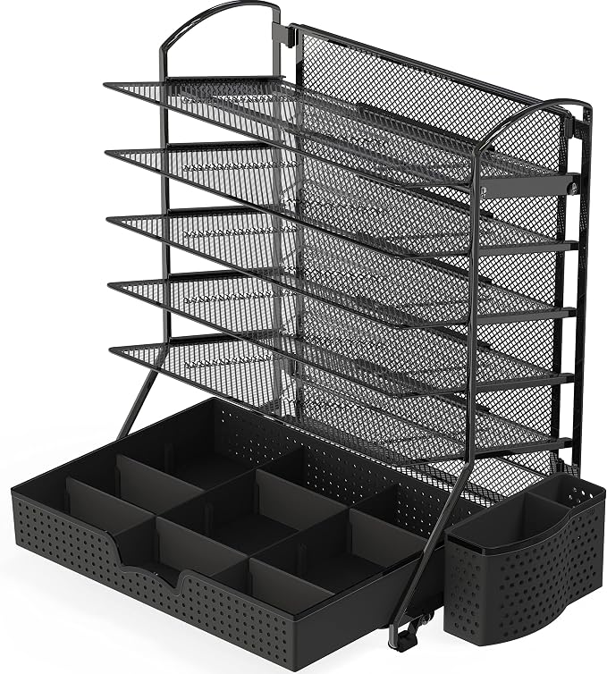 Simple Houseware 6-Tier Desk File Organizer w/Drawer & Pen Holder, Black | 5 Tilted Letter Trays for A4 Paper, Mail and Documents