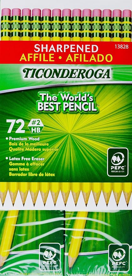 Ticonderoga Sharpened Pencils #2 HB Premium Wood Latex-Free Eraser, (72 Pencils)