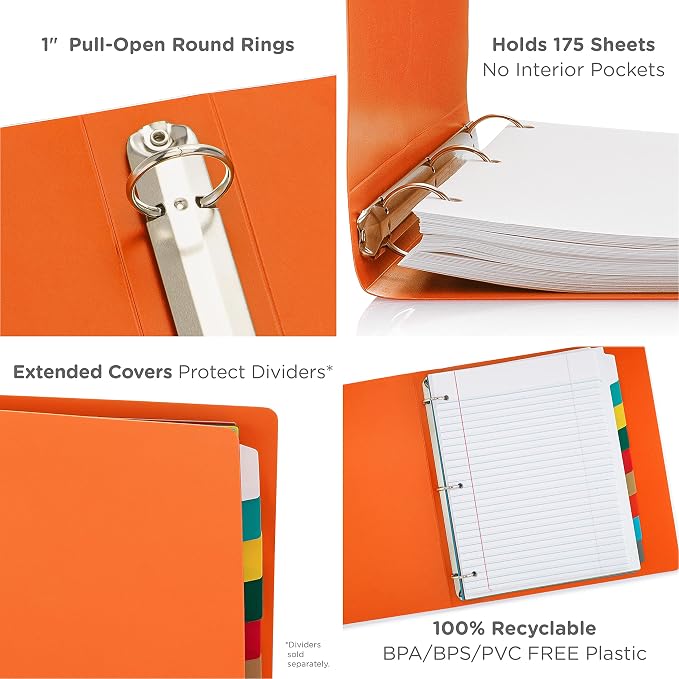 Premium Economy 3 Ring Binder, 1 Inch Pull-Open Round Rings, Holds 175 Sheets, Flexible, Lightweight, 4-Pack, Side Opening, Orange