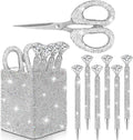 Qilery 8 Pcs Bling Desk Accessories Gift with 1 Bling Pen Holder 6 Pcs Crystal Rhinestone Pens 1 Crystal Scissors Glitter Makeup Brush Holder Valentines Gift Vanity Decor Organizer(White)