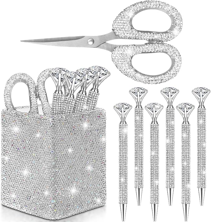Qilery 8 Pcs Bling Desk Accessories Gift with 1 Bling Pen Holder 6 Pcs Crystal Rhinestone Pens 1 Crystal Scissors Glitter Makeup Brush Holder Valentines Gift Vanity Decor Organizer(White)
