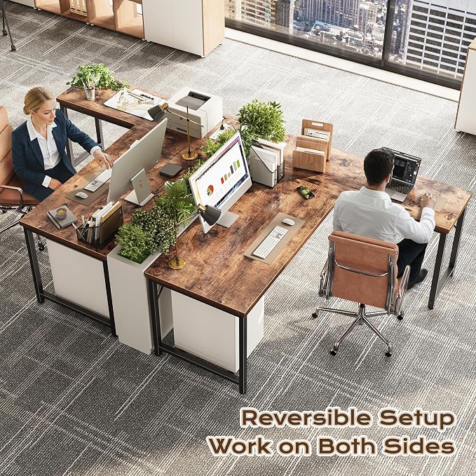 Huuger 55 Inch L Shaped Desk with Power Outlets & 0.95 Inch Thicker Desktop | Reversible Computer Desk, Larger Office Corner Gaming Desk, Metal Frame, for Home Office, Study, Rustic Brown