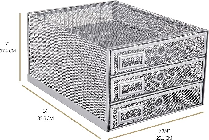Annova Desk Organizer Wire Mesh 3 Tier Sliding Drawers Paper Sorter/Multifunctional/Premium Solid Construction for Letters, Documents, Mail, Files, Paper, Kids' Art Supplies (Silver)