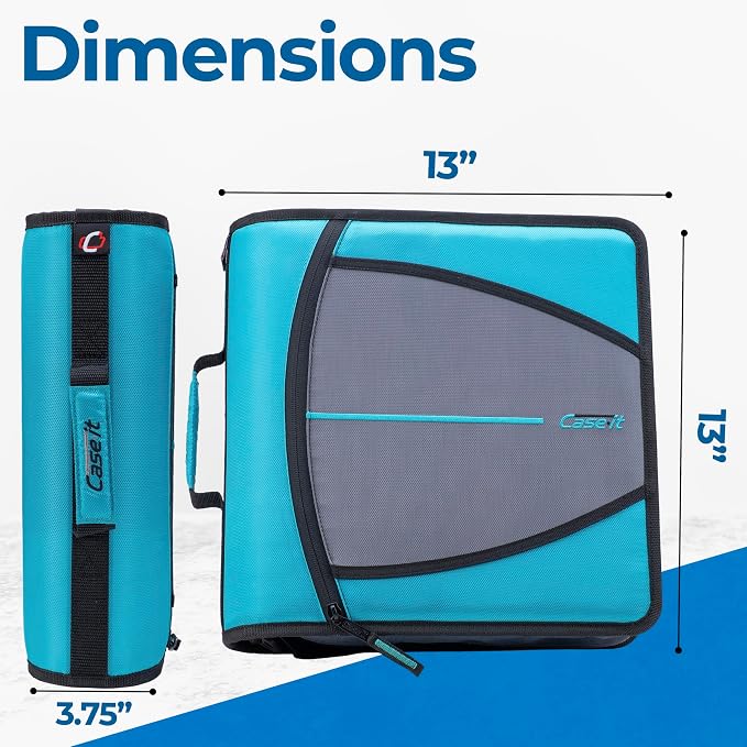 Case-it School Zipper Binder | 3" O-Rings | 600-Sheet | D-146 Aqua Marine | Mighty Zip Tab, 5-Subject Expanding File Folder, Multiple Pockets, Storage Organizer, Shoulder Strap, Office