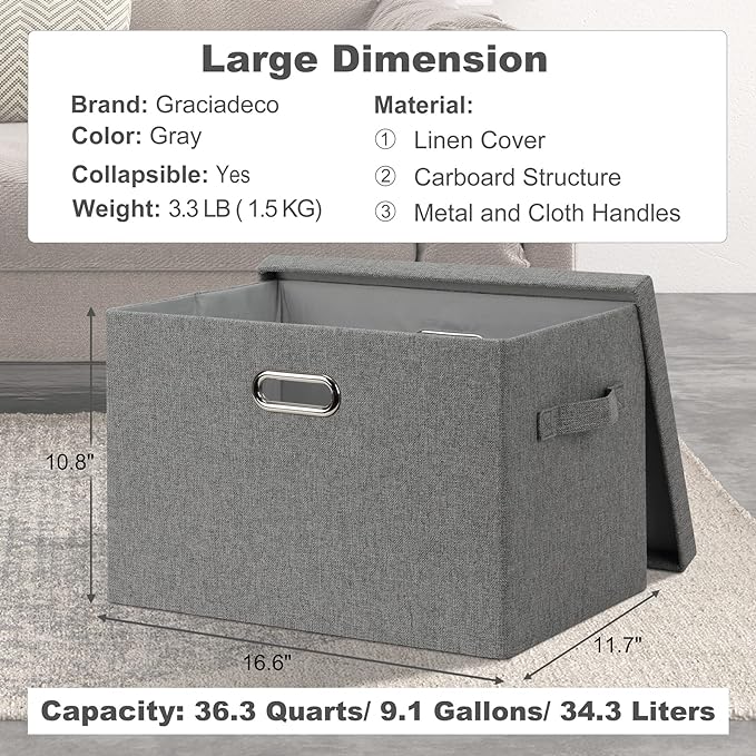 Graciadeco Large 17" 36 Quart Collapsible Stackable Storage Bins with Lids, 1 Pack Grey Foldable Fabric Closet Storage Boxes with Lids, 4 Handles Heavy-duty Linen Cube Baskets for Bedroom