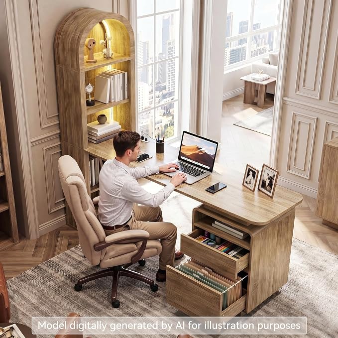 YITAHOME 59" Computer Desk, Oak | LED Lights & Power Outlets, Bookshelf, File Drawer & Storage Shelves, USB Ports
