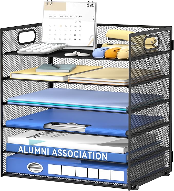 Daltack 6-Tier Paper Organizer for Desk with Handle, Black | Sturdy Metal Mesh Organizer with Movable Middle Trays and a Carry Handle for Papers, Folders and Office Supplies
