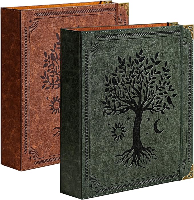 Ovesmusl 2 Pack PU Leather D Ring Binder, 2 Inch Green and Brown Tree | Fits 8.5x11 letter paper, holds 550 sheets, inner pockets, loose leaf organizer