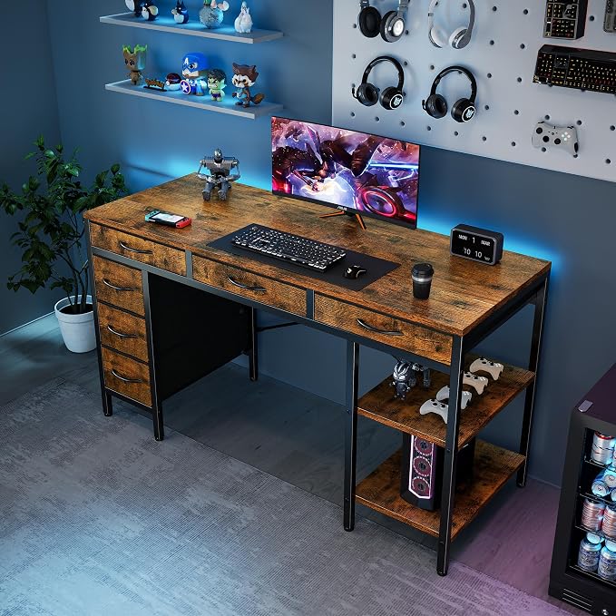 Sweetcrispy 55" Computer Desk with 6 Fabric Drawers & Storage Shelves | Reversible Gaming Desk, Office Desk, Computer Workstation, Corner Desk with Storage, Home Office, Living Room,Rustic Brown