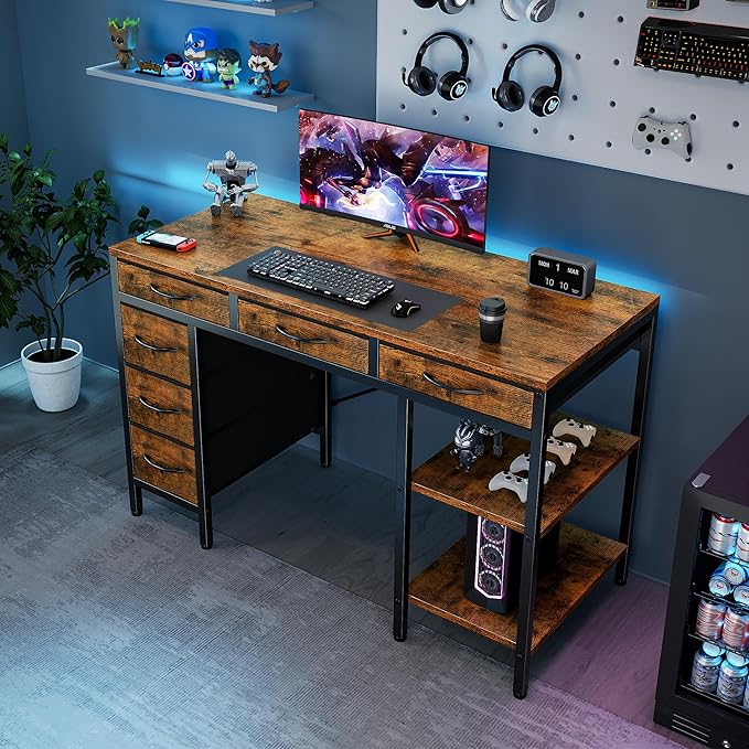Sweetcrispy 47" Computer Desk with 6 Fabric Drawers & Storage Shelves | Reversible Gaming Desk, Office Desk, Computer Workstation, Corner Desk with Storage, Home Office, Living Room,Rustic Brown