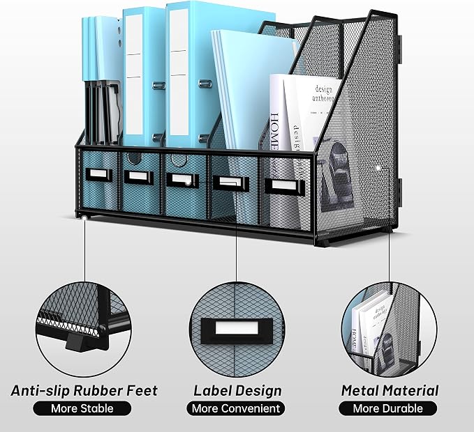 Desk Organizers Metal Desk Magazine File Holder with 16''x12''x12'' 5 Vertical Compartments Rack File Organizer for Office Desktop, Classroom, Home Workspace, Black Plus