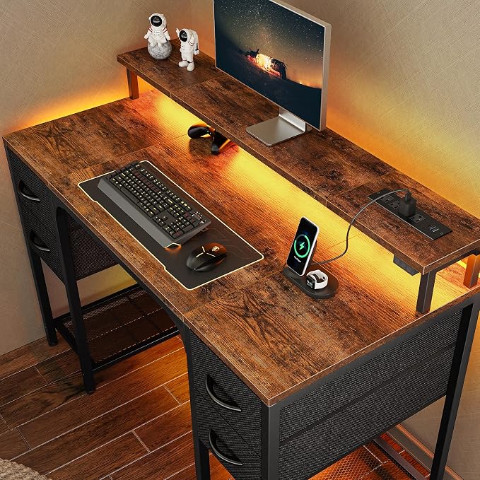 Huuger 47 inch Computer Desk with Power Outlets & 4 Drawers | Gaming Desk with LED Lights, Home Office Desk with Storage Space, Work from Home, Rustic Brown and Black